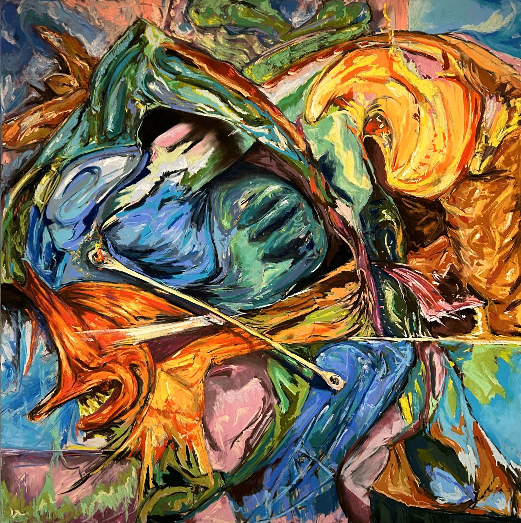 dasein: a dense pastel drawing in blue, orange, green and pink, figures assembling and dissolving