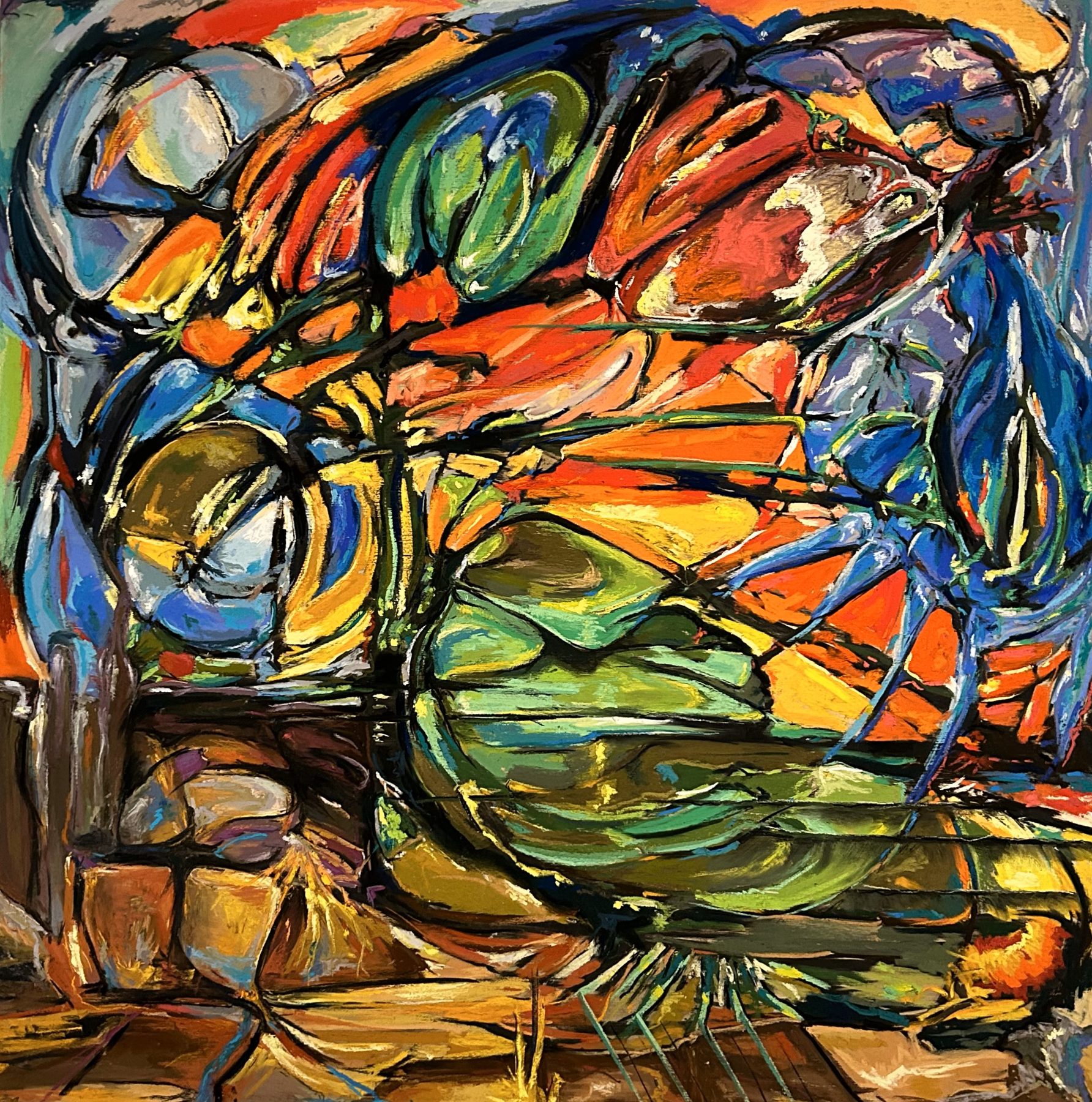 the analytic synthetic distinction: pastel drawing in green, red and gold with black contour lines