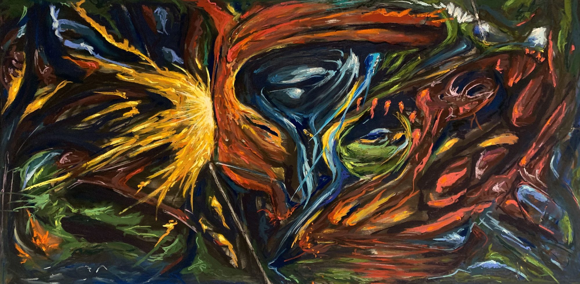temporal precedence causality: a wide pastel drawing with a burst of yellow light at the left