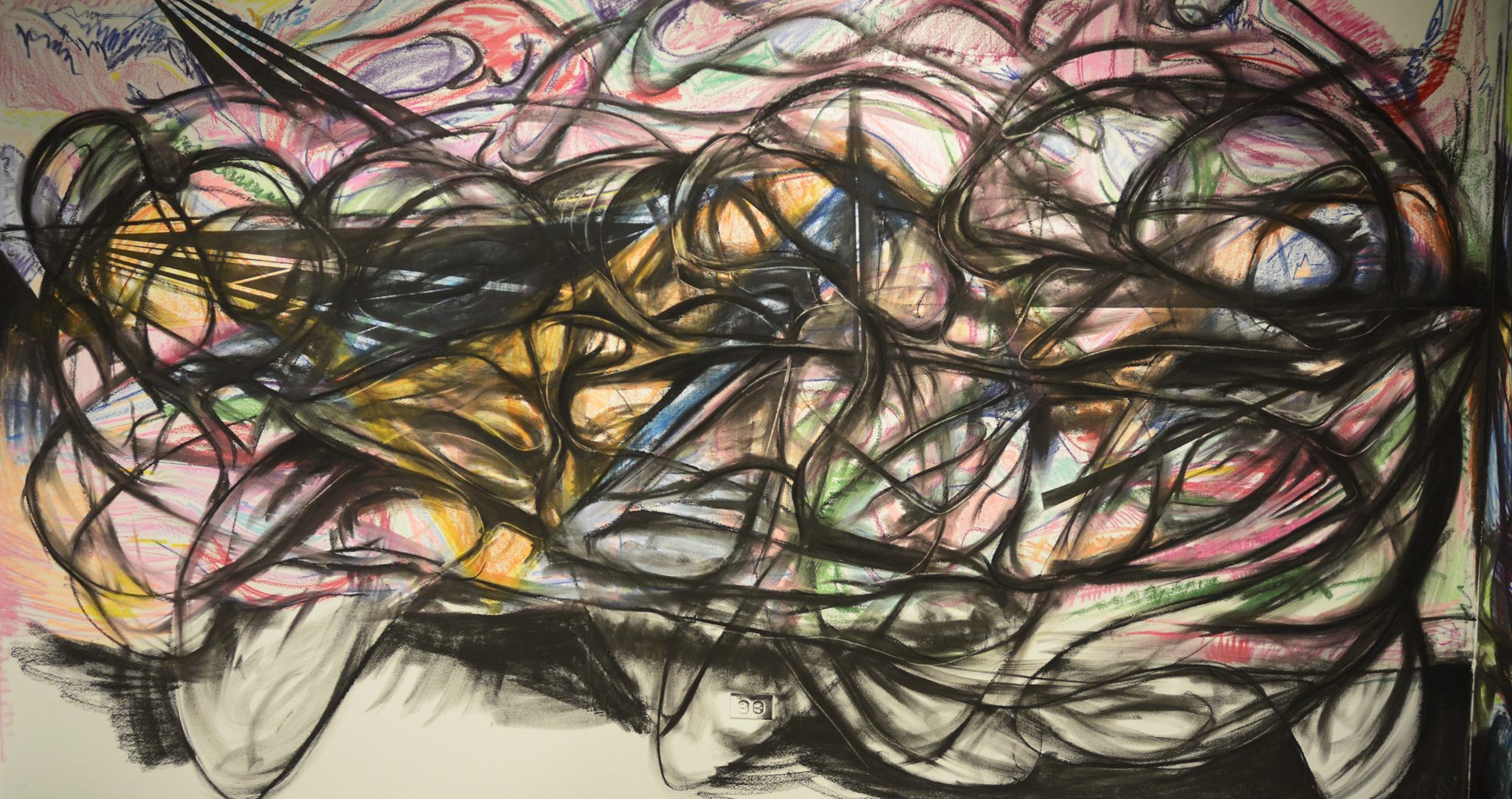 Covariation principle: charcoal and coloured chalk drawn directly on a wall, black lines over pastel colour