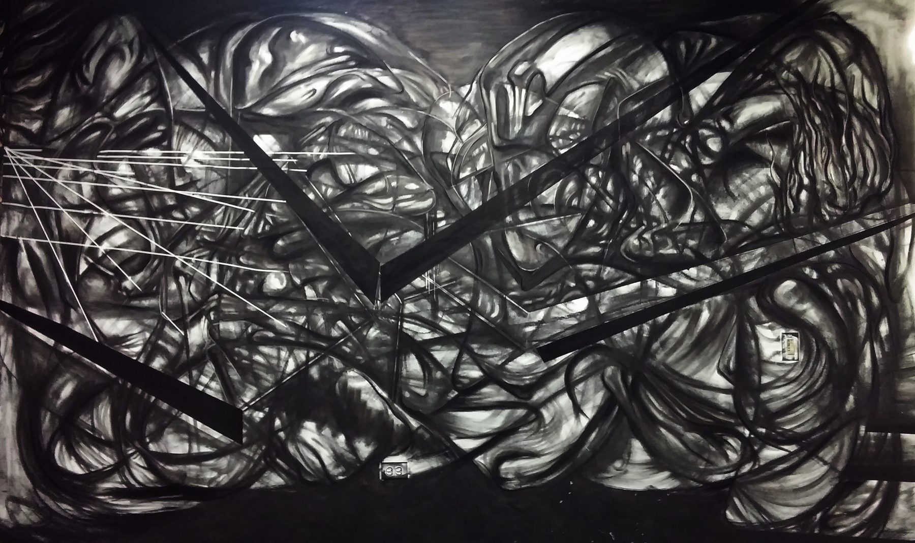 i let my ocean flow into you, detail: charcoal lines and straight ruled lines across a wall