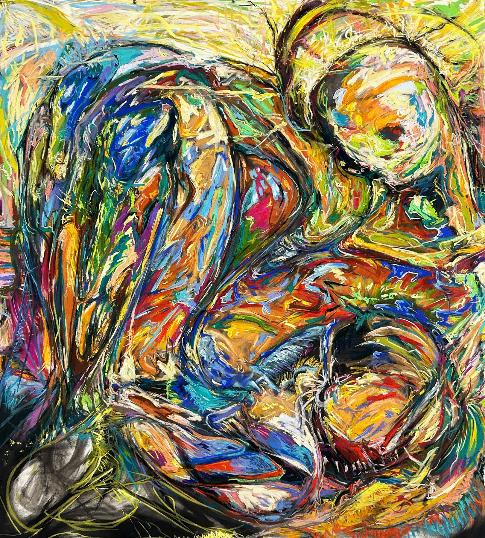 theotokos enantiodromia: a pastel drawing of folded, embracing forms in blue, yellow and red