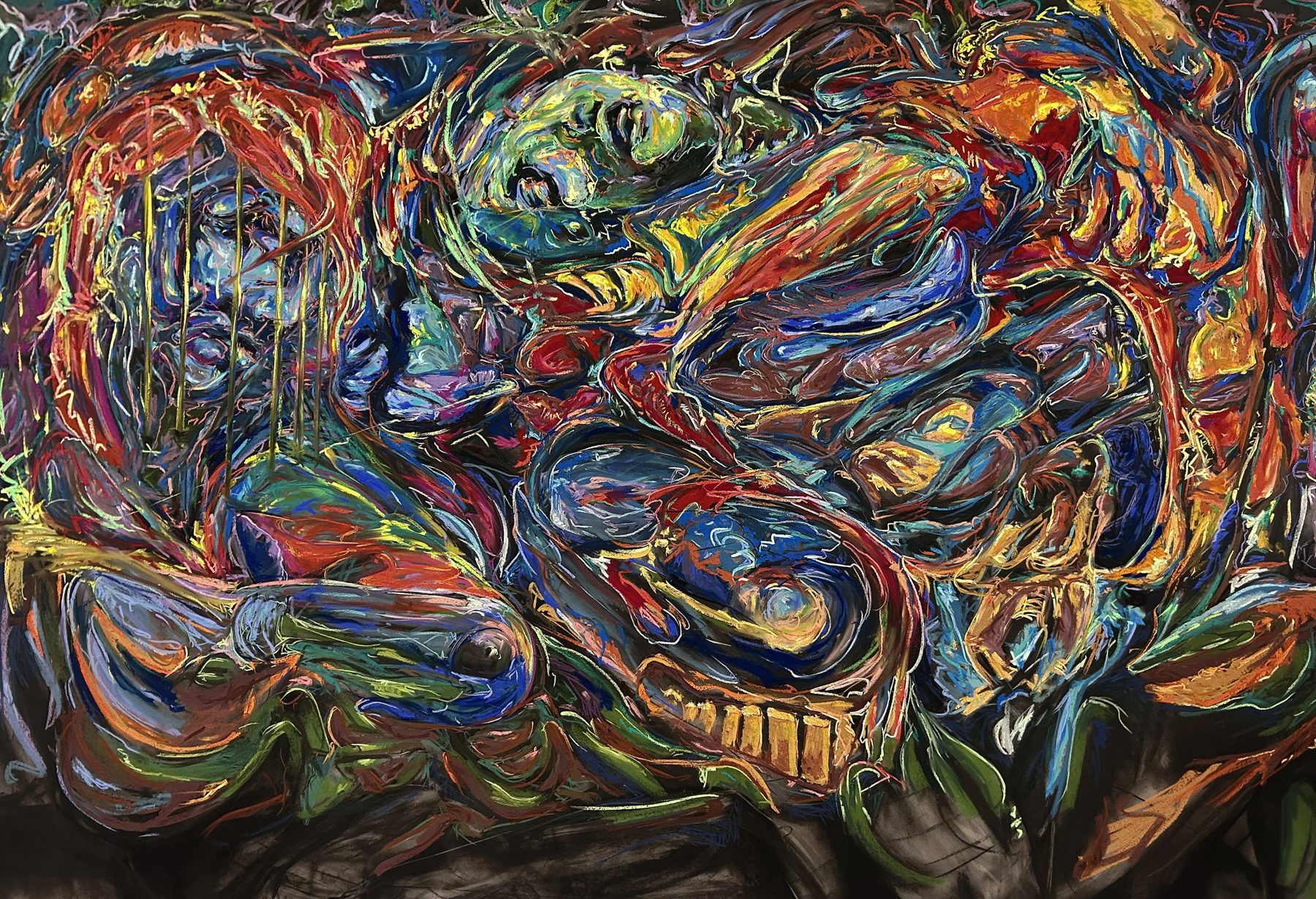 Untitled: a wall-sized pastel drawing of crowded figures and faces in saturated colour