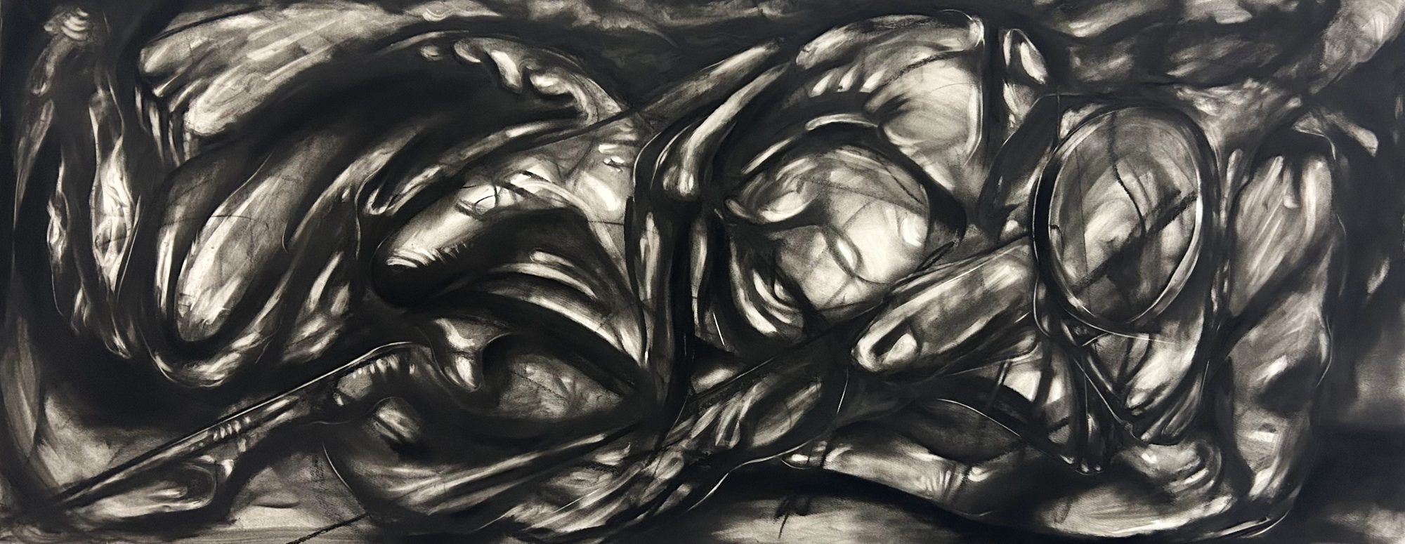 la petite mort de la tène: a wide charcoal drawing of swelling, overlapping forms